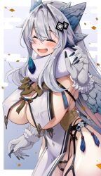 Rule 34 | 1girl, absurdres, black panties, blush, border, breast curtains, breasts, claws, cleavage, closed eyes, dragon girl, dragon horns, egasumi, facing viewer, fang, feather boa, grey hair, hair between eyes, hair intakes, hand up, highres, horns, large breasts, long hair, monster girl, open mouth, original, osa (osaosa), panties, pelvic curtain, solo, tassel, thighs, underboob, underwear, upper body, white border