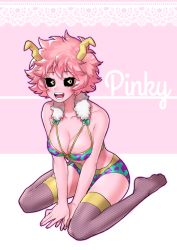 Rule 34 | 10s, 1girl, ashido mina, bikini, black sclera, blush, boku no hero academia, colored sclera, colored skin, fishnets, highres, horns, ktn0515, looking at viewer, open mouth, pink hair, pink skin, short hair, simple background, sitting, smile, solo, swimsuit, yellow eyes
