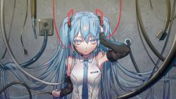 Rule 34 | 1girl, armpits, blue eyes, blue hair, blue necktie, cable, closed mouth, commentary request, detached sleeves, electric plug, electrical outlet, hair between eyes, hand in own hair, hatsune miku, highres, holding, holding knife, kirisaki shuusei, knife, long hair, looking at viewer, necktie, solo, twintails, upper body, very long hair, vocaloid