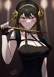 Rule 34 | 1girl, artist name, backlighting, bare shoulders, black dress, black gloves, blood, bloody weapon, blush, breasts, cleavage, dagger, dated, dress, earrings, fingerless gloves, flower, furrowed brow, gloves, gold earrings, gold hairband, hair flower, hair ornament, hairband, highres, holding, holding dagger, holding knife, holding weapon, jewelry, knife, large breasts, lips, long hair, looking at viewer, matlink, nail polish, off-shoulder dress, off shoulder, pale skin, parted lips, red eyes, red nails, rose, short hair with long locks, sidelocks, solo, spikes, spy x family, swept bangs, upper body, weapon, yor briar