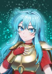 Rule 34 | 1girl, absurdres, aqua background, armor, blue eyes, blue hair, breastplate, commentary request, eirika (fire emblem), fingerless gloves, fire emblem, fire emblem: the sacred stones, fire emblem engage, gloves, glowing, hand on own chest, highres, kallentsu, long hair, looking at viewer, nintendo, red gloves, red shirt, shirt, short sleeves, shoulder armor, smile, solo, upper body