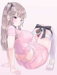 Rule 34 | 1girl, arm support, between legs, blush, breasts, candy, chocolate, chocolate bar, food, grey hair, hair ribbon, knees together feet apart, large breasts, long hair, looking at viewer, one side up, original, purple eyes, ribbon, simple background, skirt, solo, sweater, thighhighs, ushinomiya, white thighhighs
