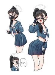 Rule 34 | 1girl, 28 (282teeth), black eyes, black gloves, black hair, black mask, blue archive, blue sailor collar, blue skirt, blush, breasts, clothes writing, crop top, fingerless gloves, gloves, halo, highres, korean commentary, korean text, long hair, looking at viewer, mask, mask lift, medium breasts, mouth mask, multiple views, neckerchief, open mouth, pleated skirt, ponytail, sailor collar, school uniform, serafuku, simple background, skirt, speech bubble, sukeban (smg) (blue archive), sweat, tongue, tongue out, translation request, white background, white neckerchief