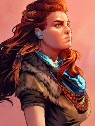 Rule 34 | 1girl, aloy (horizon), bead necklace, beads, blue scarf, braid, breasts, brown shirt, closed mouth, facing to the side, hair beads, hair ornament, hair pulled back, horizon (video game), horizon zero dawn, jewelry, long hair, looking to the side, medium breasts, necklace, realistic, red hair, scarf, shirt, short sleeves, solo, tholia bentz, upper body