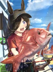 Rule 34 | 1girl, absurdres, animal, animal ears, baseball cap, black eyes, black hat, blue sky, cloud, commentary request, commission, cowboy shot, day, fish, fish request, fishing rod, fusou (fuso0205), hair over one eye, hat, highres, holding, holding animal, holding fish, horse ears, horse girl, horse tail, long hair, open mouth, outdoors, purple eyes, red shirt, rice shower (umamusume), shirt, skeb commission, sky, solo, surprised, tail, teeth, umamusume, upper teeth only, water