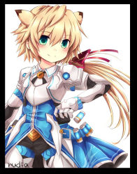 Rule 34 | 1boy, armor, blonde hair, chung seiker, elsword, green eyes, hair flaps, long hair, male focus, ponytail, rudia, shell casing, shelling guardian (elsword), smile, solo, white background