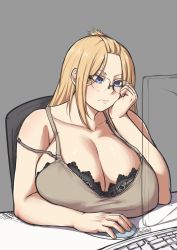 Rule 34 | 1girl, artist name, at computer, bangs pinned back, bare shoulders, batako (batakoart), black bra, blonde hair, blue eyes, borrowed character, bra, bra strap, breasts, chair, cleavage, closed mouth, collarbone, desk, folded hair, glasses, grey background, hair over eyes, hair pulled back, hand on own cheek, hand on own face, highres, huge breasts, inne sulistya robin, keyboard (computer), lace, lace bra, looking away, mouse (computer), norman maggot, office chair, original, shadow, sidelocks, signature, sitting, solo, strap slip, swivel chair, tank top, tsurime, underwear, upper body