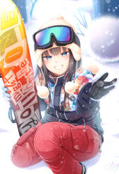 Rule 34 | 1girl, beanie, black gloves, black hair, black jacket, blue eyes, blurry, blurry background, blush, brown hat, commentary request, depth of field, gloves, goggles, goggles on head, grin, hat, jacket, long hair, long sleeves, looking at viewer, niichi (komorebi-palette), on one knee, original, pants, red pants, smile, snow, snowboard, snowing, solo