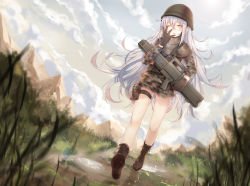 Rule 34 | 1girl, after rain, assault rifle, black footwear, black gloves, blurry, boots, bullpup, caseless firearm, cloud, combat boots, day, depth of field, dutch angle, fatigues, g11 (girls&#039; frontline), girls&#039; frontline, gloves, grass, gun, h&amp;k g11, hair between eyes, holding, holding gun, holding weapon, horizontal magazine, lens flare, light particles, long hair, long sleeves, looking at viewer, lyrah777, mountain, one eye closed, personification, prototype design, reflection, rifle, scenery, silver hair, solo, sun, sunlight, thighs, very long hair, walking, water, weapon, yawning, yellow eyes