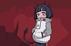 Rule 34 | 1girl, black hair, blunt bangs, closed mouth, demon girl, demon horns, demon tail, eyebrows hidden by hair, hands in pockets, heart, heart-shaped pupils, helltaker, highres, horns, jacket, jitomi monoe, owlsoda, pantyhose, pentagram, red eyes, red pantyhose, solo, spikes, standing, symbol-shaped pupils, tail, uneven eyes, virtual youtuber, voms, white jacket, zipper pull tab