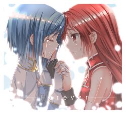 Rule 34 | 10s, 2girls, bad id, bad pixiv id, blue hair, cape, detached sleeves, english text, forehead-to-forehead, from side, gloves, hair down, heads together, holding hands, interlocked fingers, long hair, mahou shoujo madoka magica, mahou shoujo madoka magica (anime), miki sayaka, multiple girls, red eyes, red hair, sakura kyoko, short hair, swordsouls, tears
