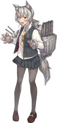 Rule 34 | 1girl, animal ears, animal hands, asymmetrical hair, belt, blouse, cannon, flipped hair, full body, gloves, grey eyes, halloween costume, kantai collection, konishi (koconatu), loafers, machinery, necktie, nowaki (kancolle), official art, pantyhose, pleated skirt, shirt, shoes, silver hair, skirt, swept bangs, tail, torpedo launcher, torpedo tubes, transparent background, turret, vest, wolf ears, wolf girl, wolf tail