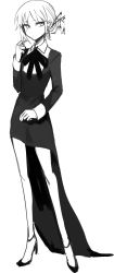 Rule 34 | 1girl, absurdres, bad id, bad twitter id, closed mouth, collared dress, commentary, contrapposto, dress, english commentary, full body, greyscale, hair bun, hair ornament, hairpin, hand up, high heels, highres, long dress, long sleeves, looking at viewer, monochrome, neck ribbon, original, ribbon, short hair, simple background, single hair bun, solo, standing, tsu (lovesick1964), two (tsu (lovesick1964)), white background, wing collar