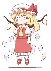 Rule 34 | 1girl, anger vein, angry, ascot, ballerina, blonde hair, bow, clenched hands, flandre scarlet, floating, hat, hat bow, mob cap, one side up, poronegi, puffy short sleeves, puffy sleeves, red bow, red footwear, red skirt, red vest, redrawn, sanpaku, shirt, shoes, short hair, short sleeves, simple background, skirt, socks, solo, touhou, vest, white background, white hat, white shirt, white socks, wide-eyed, wings, yellow ascot