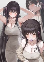 &gt;:) 1girl adjusting_hair alternate_costume armpits arms_behind_head bare_shoulders black_hair blush breasts breath cafe_stella_to_shinigami_no_chou cardigan cleavage closed_mouth collarbone commentary condom condom_in_mouth corrupted_twitter_file cowboy_shot dress english_commentary eyelashes flower grey_background grey_cardigan grey_dress grin hair_behind_ear hair_between_eyes hair_flower hair_ornament hair_over_breasts hair_ribbon hairclip highres large_breasts long_hair looking_at_viewer mole mole_under_eye mouth_hold multiple_views open_cardigan open_clothes parted_lips pink_ribbon profile ribbon rose seductive_smile shiki_natsume sidelocks sideways_glance simple_background sleeveless sleeveless_dress smile split_mouth straight_hair sweat tsurime upper_body v-shaped_eyebrows very_long_hair west_gon white_flower white_rose yellow_eyes