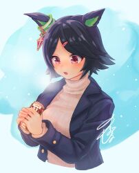 Rule 34 | 1girl, animal ears, bandaid, bandaid on face, black hair, blue coat, blush, breasts, breath, can, coat, cold, cropped torso, hair ornament, hairclip, highres, holding, holding can, horse ears, long sleeves, medium breasts, open clothes, open coat, open mouth, own hands together, red eyes, short hair, signature, snow, solo, sweater, turtleneck, turtleneck sweater, umamusume, unajiru, upper body, winning ticket (umamusume)