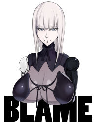 Rule 34 | 1girl, blame!, blue eyes, blunt bangs, breasts, cibo, copyright name, cyborg, highres, huge breasts, joints, long hair, looking at viewer, pale skin, robot joints, shoujo donburi, silver hair, simple background, smile, white background