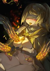 Rule 34 | absurdres, areola slip, blindfold, blonde hair, blush, branded, breasts, burning, cloak, covering nipples, covering privates, dark background, elden ring, eyeball, fingerprint, fire, hand on own cheek, hand on own face, highres, hyetta (elden ring), large breasts, panties, ponytail, side-tie panties, slime (substance), sora sakura, spoilers, three fingers (elden ring), tongue, tongue out, topless, underwear, yellow liquid