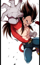 Rule 34 | 1boy, abs, bb m0024, biceps, denim, dragon ball, dragon ball gt, gloves, highres, incoming attack, jeans, looking at viewer, monkey boy, monkey tail, muscular, navel, no nipples, open mouth, pants, red fur, saiyan, solo, super saiyan, super saiyan 4, tail, vegeta