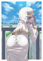 Rule 34 | 1girl, absurdres, against railing, ass, ass focus, balcony, blush, commentary request, day, female focus, from behind, green eyes, grey hair, habit, highres, index (toaru majutsu no index), irokohaku, long hair, looking at viewer, looking back, nun, outdoors, profile, railing, solo, tagme, taut clothes, tight clothes, toaru majutsu no index