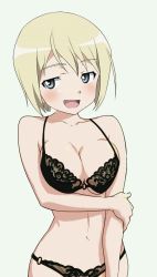 Rule 34 | 1girl, :d, alternate breast size, black bra, black panties, blonde hair, blue eyes, blush, bra, breasts, cleavage, erica hartmann, grey eyes, large breasts, lingerie, open mouth, panties, see-through, short hair, simple background, smile, solo, strike witches, third-party edit, underwear, underwear only, white background, world witches series