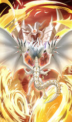 Rule 34 | absurdres, albion the sanctifire dragon, aluber (yu-gi-oh!), blurry, claws, depth of field, dragon, dragon horns, dragon tail, dragon wings, duel monster, fire, flying, forehead jewel, highres, horns, jetihyeon, looking at another, red sky, sky, spiked tail, tail, the bystial lubellion, white wings, wings, yu-gi-oh!