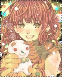 Rule 34 | 1girl, blush, candy, female focus, food, gloves, looking at viewer, lowres, original, red hair, scarf, shabon, smile, snow, snowman, solo, teeth, upper body, yellow eyes