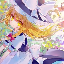 Rule 34 | 1girl, apron, back bow, black hat, black skirt, black vest, blonde hair, blush, bow, braid, closed mouth, collared shirt, commentary, flower, frilled hat, frills, hair bow, hat, hat bow, highres, hinasumire, kirisame marisa, long hair, looking at viewer, pink bow, puffy short sleeves, puffy sleeves, shirt, short sleeves, single braid, skirt, smile, solo, touhou, upper body, vest, waist apron, white bow, white shirt, witch hat, yellow eyes, yellow flower