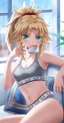 Rule 34 | 1girl, armpits, bad id, bad twitter id, bare shoulders, blonde hair, blush, braid, breasts, cup, drinking, fate/apocrypha, fate (series), french braid, green eyes, hair ornament, hair scrunchie, highres, holding, holding cup, leaf, long hair, looking at viewer, mordred (fate), mordred (fate/apocrypha), navel, pillow, ponytail, red scrunchie, scrunchie, sidelocks, small breasts, solo, sports bra, teacup, thighs, tonee, underwear, underwear only