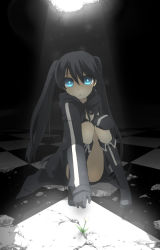 Rule 34 | 10s, 1girl, aqua eyes, bad id, bad pixiv id, black hair, black rock shooter, black rock shooter (character), checkered floor, flower, light, meimone, pointing, sitting, solo, twintails, vanishing point