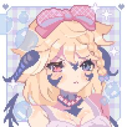 Rule 34 | 1girl, :t, animated, animated gif, au ra, blonde hair, blue eyes, bouncing breasts, bow, breasts, bubble, cleavage, commentary, commission, english commentary, final fantasy, final fantasy xiv, hair bow, heart, heterochromia, horns, medium breasts, mimpish, necktie, pink eyes, pink necktie, pixel art, portrait, pout, solo, sparkle, tail, tail wagging, warrior of light (ff14)
