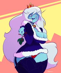 Rule 34 | 1girl, adventure time, blue skin, breasts, christmas, cleavage, colored skin, crown, dabble, fangs, highres, ice queen (adventure time), long hair, thighhighs, white hair