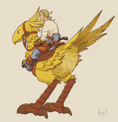 Rule 34 | animal, belt, blonde hair, boots, brown gloves, chocobo, final fantasy, final fantasy tactics, full body, gloves, highres, holster, overalls, reins, riding, saddle, shirt, simple background, standing, white shirt, windcaller