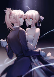 Rule 34 | 2girls, absurdres, artoria pendragon (all), artoria pendragon (fate), backless dress, backless outfit, bare shoulders, black gloves, blue eyes, closed mouth, dancing, dress, fate/apocrypha, fate/stay night, fate (series), gloves, hair between eyes, highres, holding hands, incest, interlocked fingers, looking at viewer, looking back, mordred (fate), mordred (fate/apocrypha), multiple girls, parted bangs, saber (fate), sidelocks, smile, tuxedo, white dress, yorukun