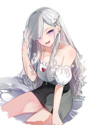Rule 34 | 1girl, :d, azur lane, bare shoulders, belfast (azur lane), black skirt, blouse, braid, breasts, cleavage, collarbone, cropped legs, ear piercing, eyes visible through hair, hair over one eye, hand in own hair, hand up, heart, heart necklace, large breasts, long hair, looking at viewer, makeup, mascara, necklace, off-shoulder shirt, off shoulder, open mouth, piercing, puffy short sleeves, puffy sleeves, purple eyes, schreibe shura, shirt, short sleeves, simple background, sitting, skirt, smile, solo, very long hair, white background, white hair, white shirt