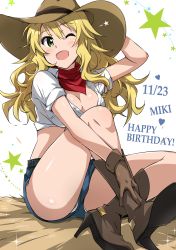 Rule 34 | 1girl, absurdres, arm up, bandana, belt, blonde hair, blue shorts, boots, breasts, brown footwear, brown gloves, brown hat, character name, cleavage, commentary, cowboy hat, dated, gloves, green eyes, hair between eyes, happy birthday, hat, hay, high heel boots, high heels, highres, hoshii miki, idolmaster, idolmaster (classic), knee up, large breasts, long hair, looking at viewer, medium breasts, messy hair, neckerchief, one eye closed, open mouth, panties, red bandana, red neckerchief, shiny skin, shirt, short shorts, shorts, sitting, smile, solo, sparkle, star (symbol), starry background, thighs, tied shirt, tokiani, underwear, upshorts, white panties, white shirt