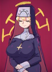 Rule 34 | 184nx, 1girl, blonde hair, breasts, cross, cross necklace, crossed arms, crossed wrists, double (skullgirls), closed eyes, habit, jewelry, large breasts, necklace, nun, red background, skullgirls, smile, solo, upper body