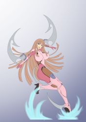 Rule 34 | 00s, 1girl, artist request, ass, bodysuit, breasts, female focus, full body, gradient background, highres, huge breasts, koukawa asuka, lilith-soft, long hair, looking at viewer, simple background, smile, solo, taimanin (series), taimanin asagi, very long hair, weapon