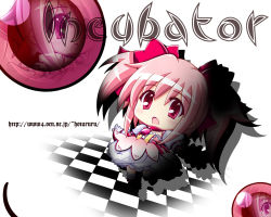 Rule 34 | 10s, 1girl, bubble skirt, checkered background, chibi, gloves, hotaruru, kaname madoka, kyubey, magical girl, mahou shoujo madoka magica, mahou shoujo madoka magica (anime), pink eyes, pink hair, short twintails, skirt, solo, spoilers, twintails, white gloves