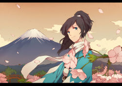Rule 34 | 10s, 1boy, androgynous, aqua eyes, bridge, cloud, flower, forest, hair ribbon, highres, japanese clothes, letterboxed, looking to the side, male focus, mole, nature, pagoda, personification, petals, ribbon, scenery, solo, touken ranbu, volcano, xinuo223, yamato-no-kami yasusada