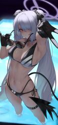 Rule 34 | 1girl, ahoge, arc2urus, arm up, armpits, bare shoulders, bikini, black bikini, black gloves, blue archive, blush, breasts, closed mouth, collarbone, cowboy shot, gloves, grey hair, groin, hair over one eye, halo, highres, holding, iori (blue archive), iori (swimsuit) (blue archive), long hair, looking at viewer, medium breasts, navel, official alternate costume, pool, red eyes, shallow water, solo, standing, stomach, swimsuit, tail, thigh strap, thighs, very long hair, wading, water
