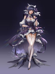 Rule 34 | 1girl, absurdres, animal ears, apron, azur lane, black footwear, breasts, cheshire (azur lane), cleavage, detached sleeves, fake animal ears, frilled hairband, frilled ribbon, frills, full body, garter straps, gold trim, gradient background, grey background, grey eyes, hairband, high heels, highres, lace, lace-trimmed legwear, lace trim, large breasts, lips, long ribbon, looking at viewer, maid headdress, multicolored hair, nose, puffy detached sleeves, puffy sleeves, purple apron, purple hair, ribbon, shiro ookamikun, shoes, short sleeves, simple background, solo, streaked hair, thighhighs, two-tone hair, white garter straps, white thighhighs, wrist cuffs
