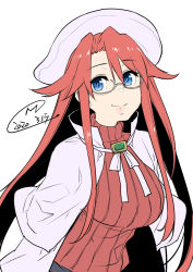 Rule 34 | 1girl, aty (summon night), beret, blue eyes, breasts, brooch, coat, dated, hair between eyes, hair flaps, happa (cloverppd), hat, jewelry, long hair, looking at viewer, medium breasts, red hair, red sweater, ribbed sweater, signature, simple background, smile, solo, summon night, summon night 3, sweater, upper body, white background, white coat