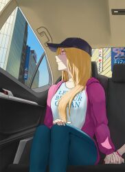 Rule 34 | 1girl, 1other, aqwariate, baseball cap, black headwear, blonde hair, blue pants, bracelet, breasts, car interior, collarbone, commentary, english commentary, hat, highres, holding hands, hood, hood down, hooded jacket, hoshino ruby, jacket, jewelry, long hair, long sleeves, medium breasts, open clothes, open jacket, oshi no ko, pants, pink eyes, pink jacket, shibuya (tokyo), shirt, solo focus, star-shaped pupils, star (symbol), sunlight, symbol-shaped pupils, tokyo (city), white shirt
