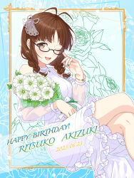 Rule 34 | 1girl, 2023, ;d, absurdres, adjusting eyewear, akizuki ritsuko, antenna hair, bracelet, braid, brown eyes, brown hair, character name, crossed legs, dated, dress, earrings, framed, gem, glasses, green gemstone, green nails, hair ribbon, happy birthday, highres, idolmaster, idolmaster (classic), invisible chair, jewelry, long hair, long sleeves, nail polish, one eye closed, open mouth, outline, ribbon, see-through, see-through sleeves, shiro (ongrokm), short dress, sitting, smile, solo, sparkle, twin braids, white dress, white ribbon