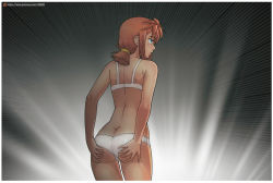 Rule 34 | 1girl, ass, back, bare arms, bare shoulders, blue eyes, blush, border, bra, butt crack, cowboy shot, emphasis lines, from behind, hands on own ass, leonzo, looking back, medium hair, open mouth, orange hair, original, panties, patreon username, solo, standing, underwear, underwear only, ussr-tan, watermark, web address, white border, white panties