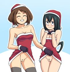 Rule 34 | 10s, 2girls, ^ ^, assisted exposure, asui tsuyu, bare shoulders, black gloves, black hair, blue background, blush, blush stickers, boku no hero academia, breasts, brown hair, christmas, cleavage, cleft of venus, closed eyes, cowboy shot, dress, embarrassed, facing viewer, fur-trimmed dress, fur-trimmed gloves, fur trim, gloves, grey legwear, grin, happy, hat, highres, long hair, looking at viewer, multiple girls, no bra, no panties, outline, pubic hair, pussy, red dress, santa costume, santa hat, short dress, short hair, simple background, small breasts, smile, sparse pubic hair, standing, strapless, strapless dress, suoiresnu, teeth, thighhighs, two-tone background, uncensored, uraraka ochako, white background, white outline
