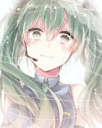 Rule 34 | 1girl, crying, crying with eyes open, detached sleeves, floating hair, green eyes, green hair, green necktie, grey shirt, hair between eyes, hatsune miku, long hair, looking at viewer, microphone, necktie, portrait, shirt, sleeveless, sleeveless shirt, smile, solo, tears, twintails, umigumo yuuna, very long hair, vocaloid