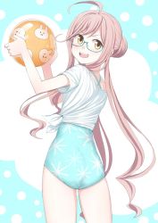 Rule 34 | 1girl, ahoge, ass, ball, beachball, blue-framed eyewear, blue one-piece swimsuit, casual one-piece swimsuit, cowboy shot, double bun, flat ass, floral print, from behind, glasses, kantai collection, kumadano, looking at viewer, looking back, makigumo (kancolle), one-piece swimsuit, open mouth, pink hair, shirt, smile, solo, swimsuit, swimsuit under clothes, tied shirt, twintails, two-tone background, white shirt, yellow eyes