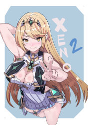 Rule 34 | 1girl, absurdres, blonde hair, blue background, blush, breasts, cleavage, cleavage cutout, clothing cutout, dress, elbow gloves, gem, gloves, highres, jewelry, julioalqae, large breasts, long hair, looking at viewer, mythra (xenoblade), nintendo, simple background, smile, solo, standing, thigh strap, thighs, v, very long hair, white background, white dress, xenoblade chronicles (series), xenoblade chronicles 2, yellow eyes